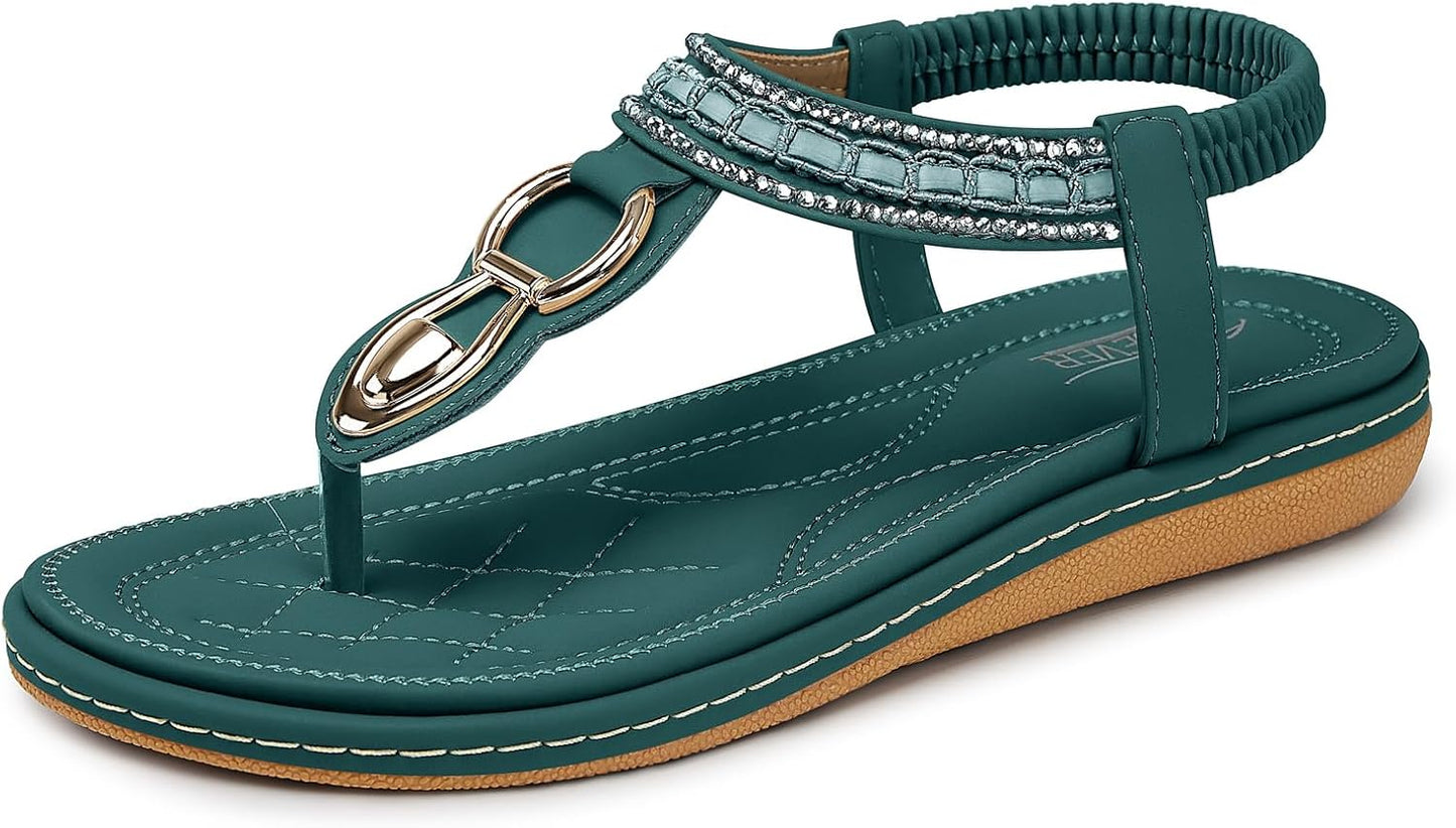 SHIBEVER Women's Dressy Summer Sandals: Comfortable Flat Bohemian T-Strap Casual Footwear