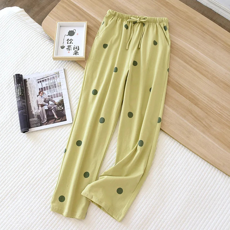 2025 New Spring/Summer Women's Sleeping Pants 100% Pure Cotton Knitted Love Pants Straight Leg Casual Home Pants Lounge Wear