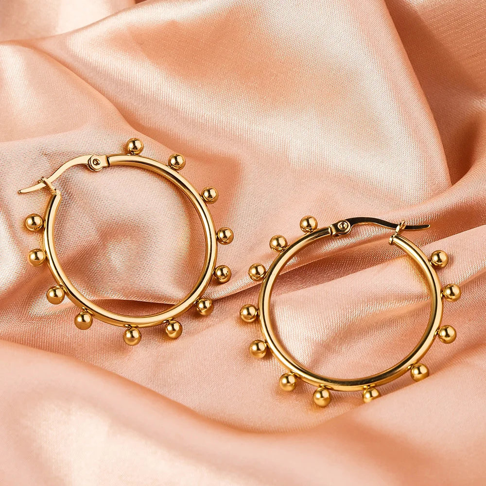 Women's Geometric Round Steel Ball Stainless Steel Hoop Earrings, Electroplated Gold Color Non Fading Earrings