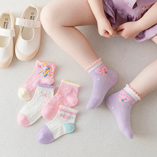 5 Pairs/Lot Children Cotton Socks Teen Girl Boy Baby Student Fashion Mesh Soft Cute Cartoon For Summer 1-12 Years New Kids Socks