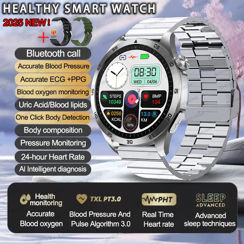 2025New Micro Physical Examination Blood Lipids Uric Acid Blood Pressure Smart Watch ECG+PPG Clock Bluetooth Call Smartwatch Men