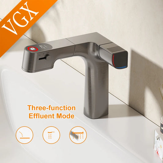 VGX Purified Bathroom Faucets Pull Out Water Filter Tap Basin Mixer Sink Faucet Gourmet LED Temperature Tap Brass Tapware Crane