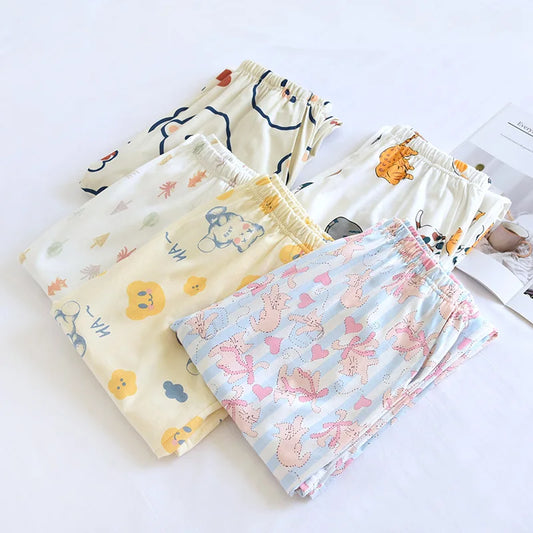 2025 Japanese New Women's Sleepwear 100% Cotton Knitted Soft Pants Cartoon Loose Pants Home Bottoms Womens Pajama Pants