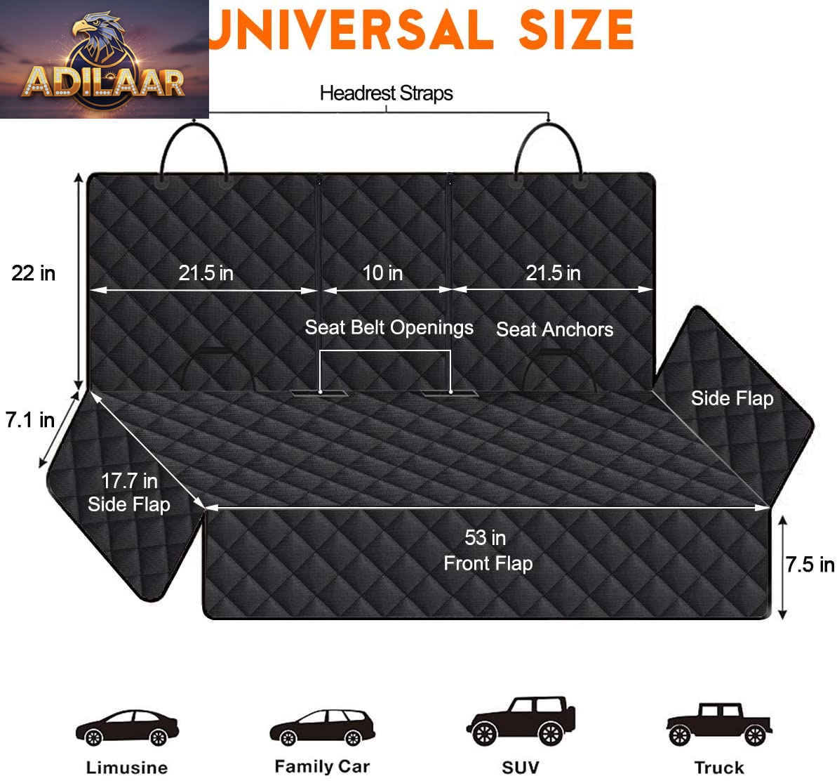 Dog Car Seat Cover, Back Seat Cover for Dogs Pet Car Seat Protector Waterproof Bench Car Seat Cover, Non-Slip Reat Seat Cover Fits Middle Armrest for Most Cars Trucks Suvs - Black
