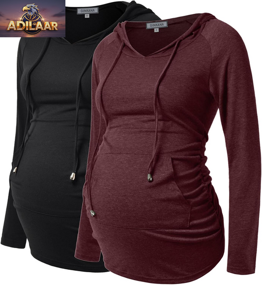 GINKANA Long Sleeve Maternity Hoodie - Casual Sweatshirt for Expecting Mothers