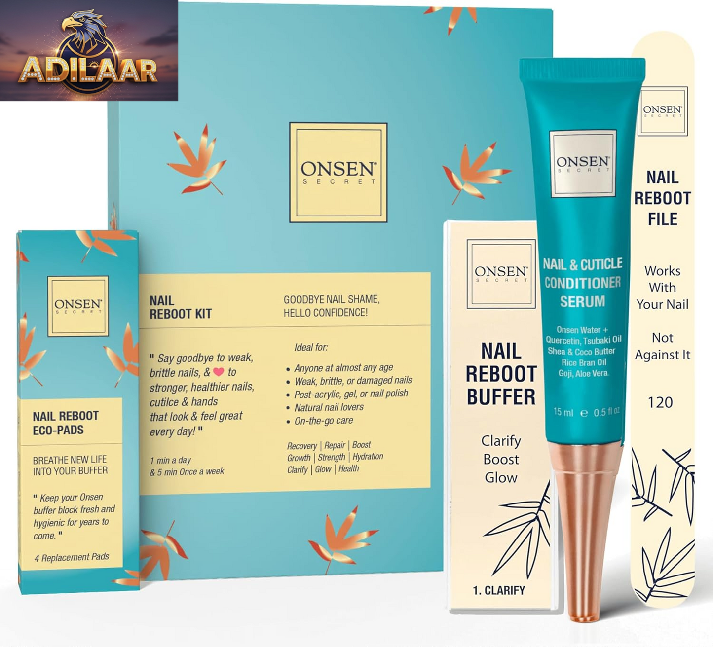Onsen Secret Nail Care Kit - Japanese Nail Buffer and Shine Kit - Strengthening & Shining - Spa-Quality Manicure - Organic Ingredients - Long-Lasting Shine - Easy & Safe - W/Cuticle Care Serum - 1Pk