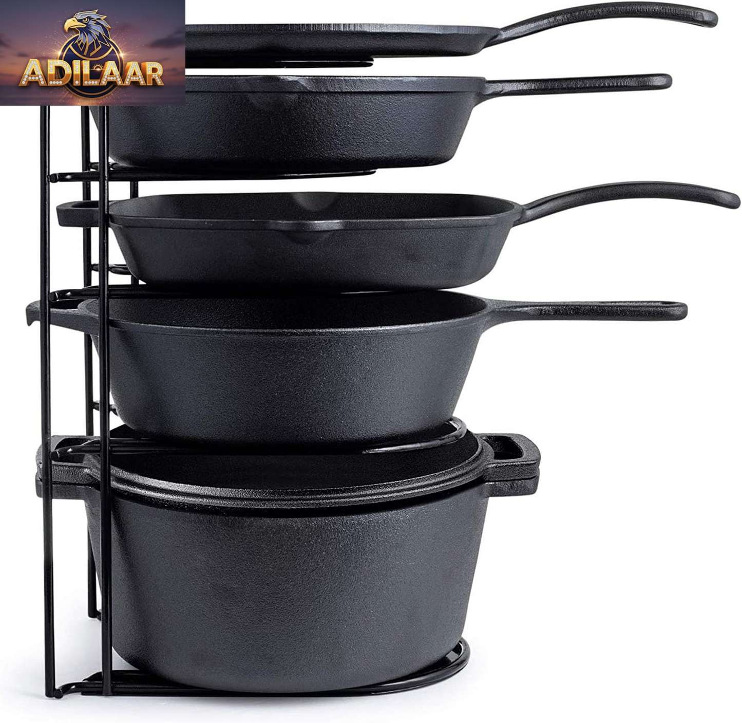 Cuisinel Heavy Duty Pots and Pans Organizer - Extra Large 5-Tier Rack - Holds Cast Iron Skillets, Dutch Oven - Durable Construction - Space Saving Kitchen Storage - No Assembly Required - Black 15.4"