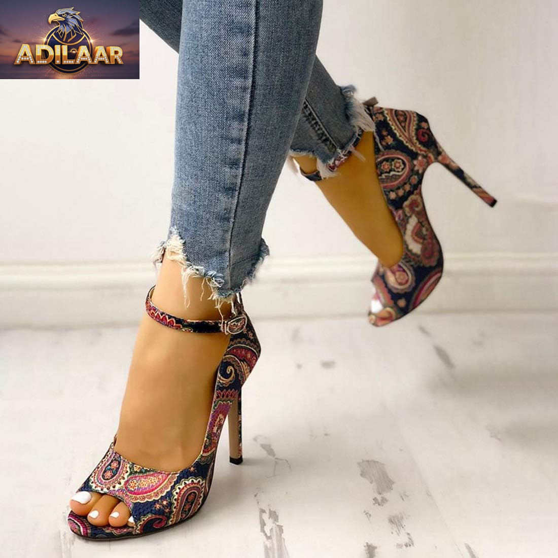 Ermonn Women's Multicolored High Heel Platform Stilettos with Ankle Strap and Open Toe Design