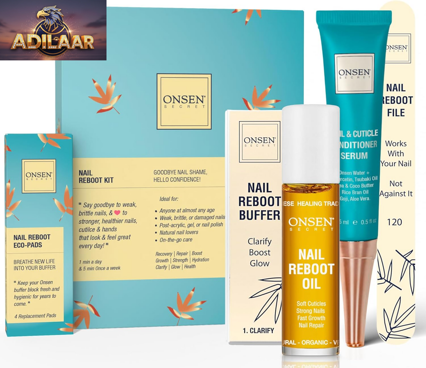 Onsen Secret Nail Care Kit - Japanese Nail Buffer and Shine Kit - Strengthening & Shining - Spa-Quality Manicure - Organic Ingredients - Long-Lasting Shine - Easy & Safe - W/Cuticle Care Serum - 1Pk