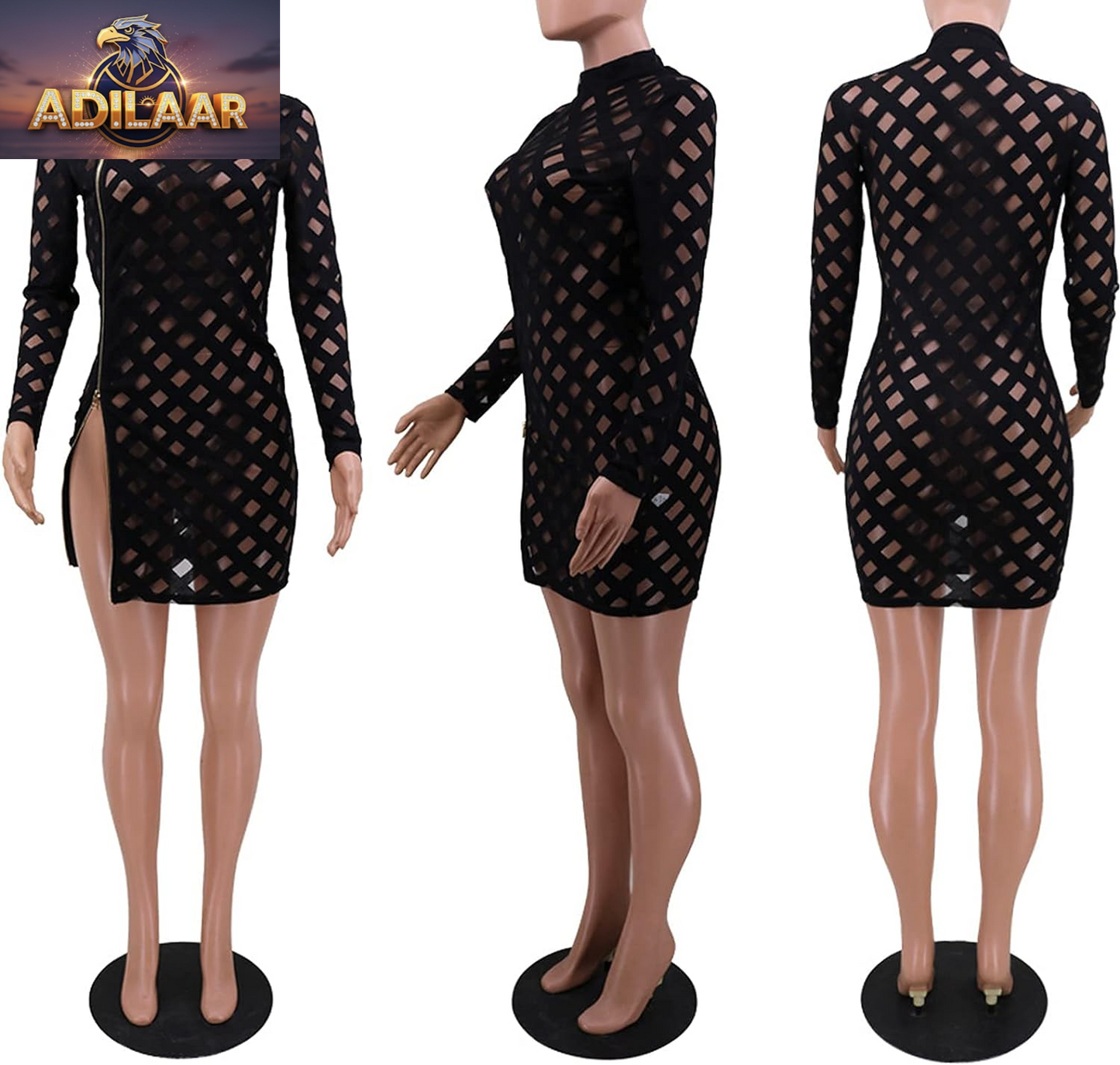 Uni Clau Women's Sheer Mesh Bodycon Midi Dress with Long Sleeves - Printed Skinny Clubwear for Party Events
