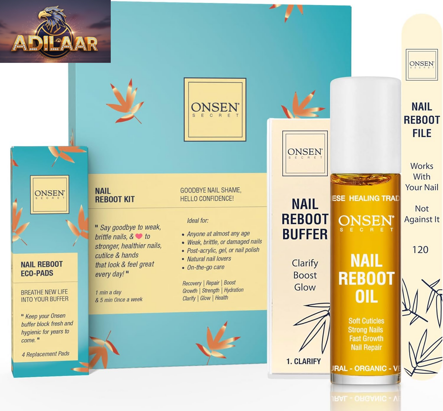 Onsen Secret Nail Care Kit - Japanese Nail Buffer and Shine Kit - Strengthening & Shining - Spa-Quality Manicure - Organic Ingredients - Long-Lasting Shine - Easy & Safe - W/Cuticle Care Serum - 1Pk