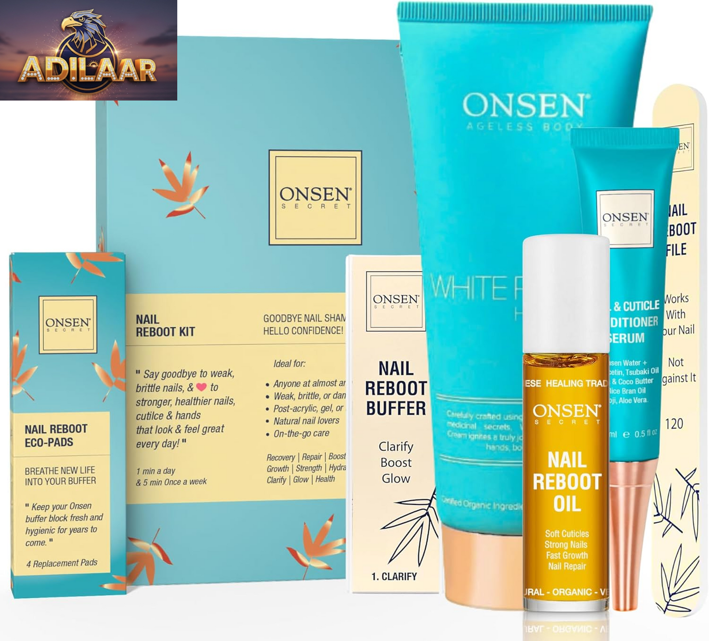 Onsen Secret Nail Care Kit - Japanese Nail Buffer and Shine Kit - Strengthening & Shining - Spa-Quality Manicure - Organic Ingredients - Long-Lasting Shine - Easy & Safe - W/Cuticle Care Serum - 1Pk
