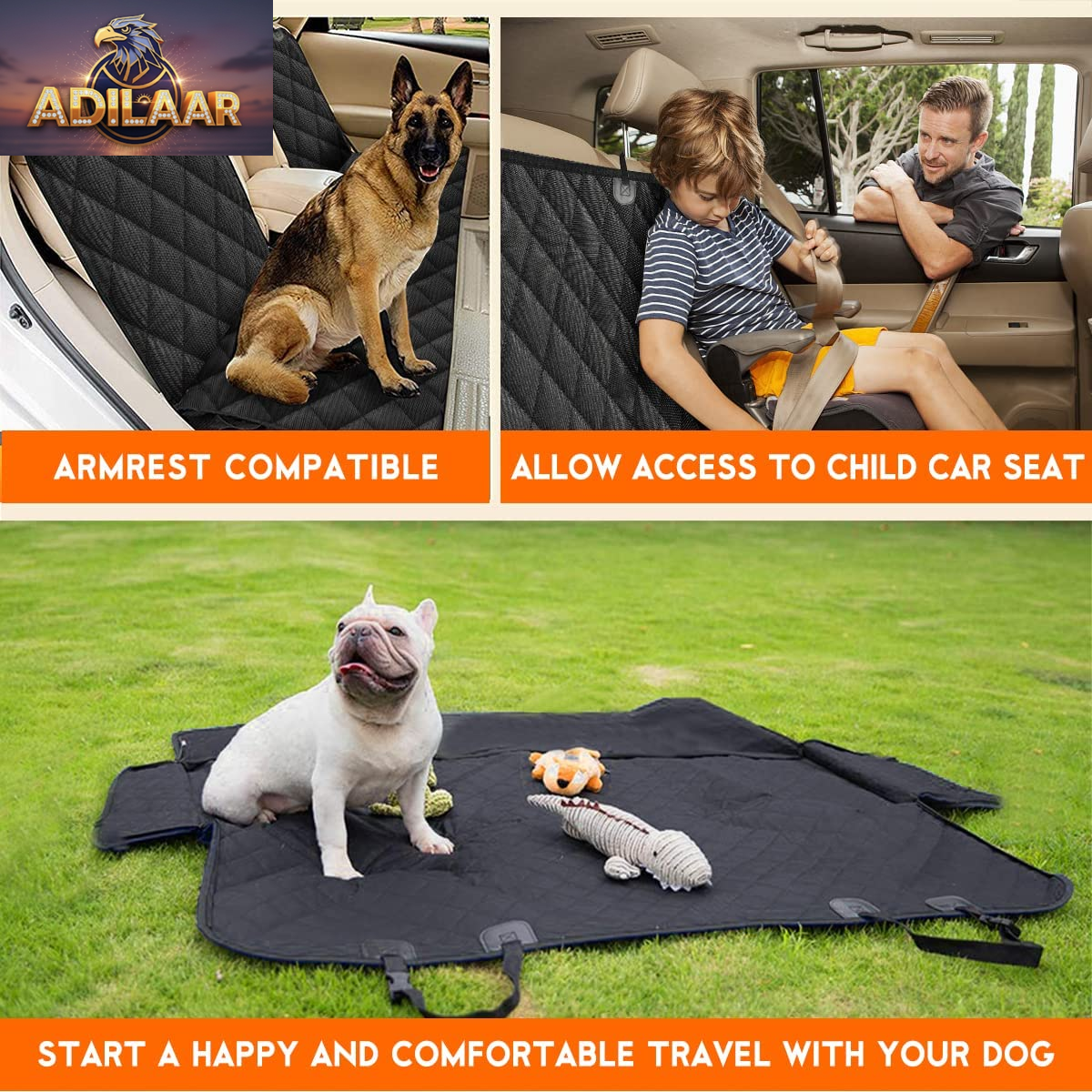 Dog Car Seat Cover, Back Seat Cover for Dogs Pet Car Seat Protector Waterproof Bench Car Seat Cover, Non-Slip Reat Seat Cover Fits Middle Armrest for Most Cars Trucks Suvs - Black
