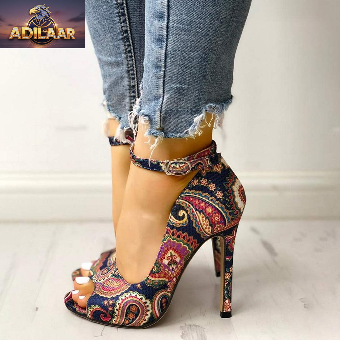 Ermonn Women's Multicolored High Heel Platform Stilettos with Ankle Strap and Open Toe Design