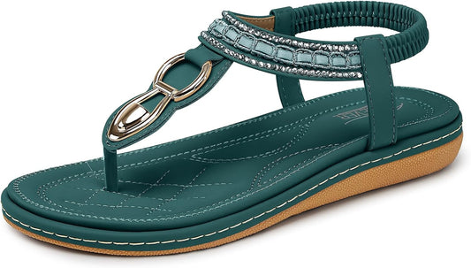 SHIBEVER Women's Dressy Summer Sandals: Comfortable Flat Bohemian T-Strap Casual Footwear