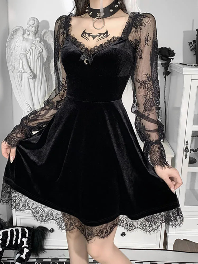 Gothic Lolita Girl Lace Trim Velvet A-Line Dress Women Sexy Perspective Long Sleeve V Neck Slim Mini Dress Cosplay Party Costume