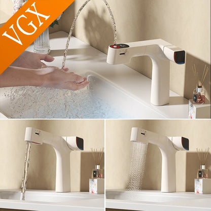 VGX Purified Bathroom Faucets Pull Out Water Filter Tap Basin Mixer Sink Faucet Gourmet LED Temperature Tap  Brass Tapware Crane