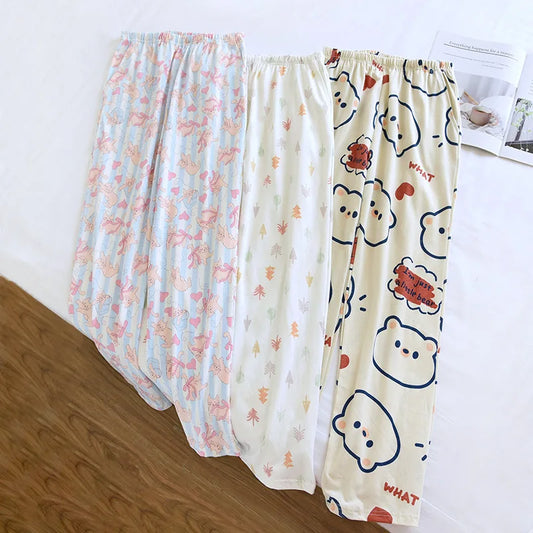 2025 Japanese New Women's Sleepwear 100% Cotton Knitted Soft Pants Cartoon Loose Pants Home Bottoms Womens Pajama Pants