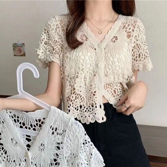 Women Short Sleeve Lace