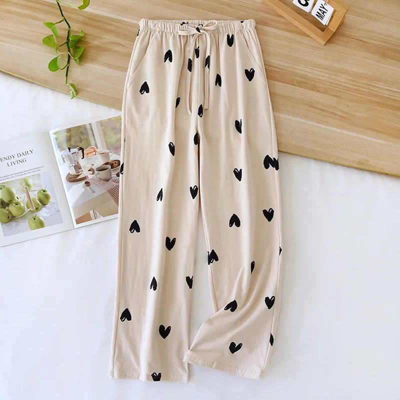 2025 New Spring/Summer Women's Sleeping Pants 100% Pure Cotton Knitted Love Pants Straight Leg Casual Home Pants Lounge Wear
