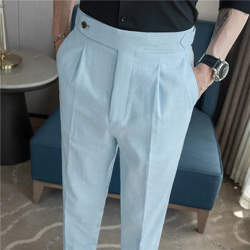90% Linen 10% Cotton 2024 Suit Pants Naples Breathable Casual Pants Men's Height Suit Pant M-3XL Men's Straight Pants