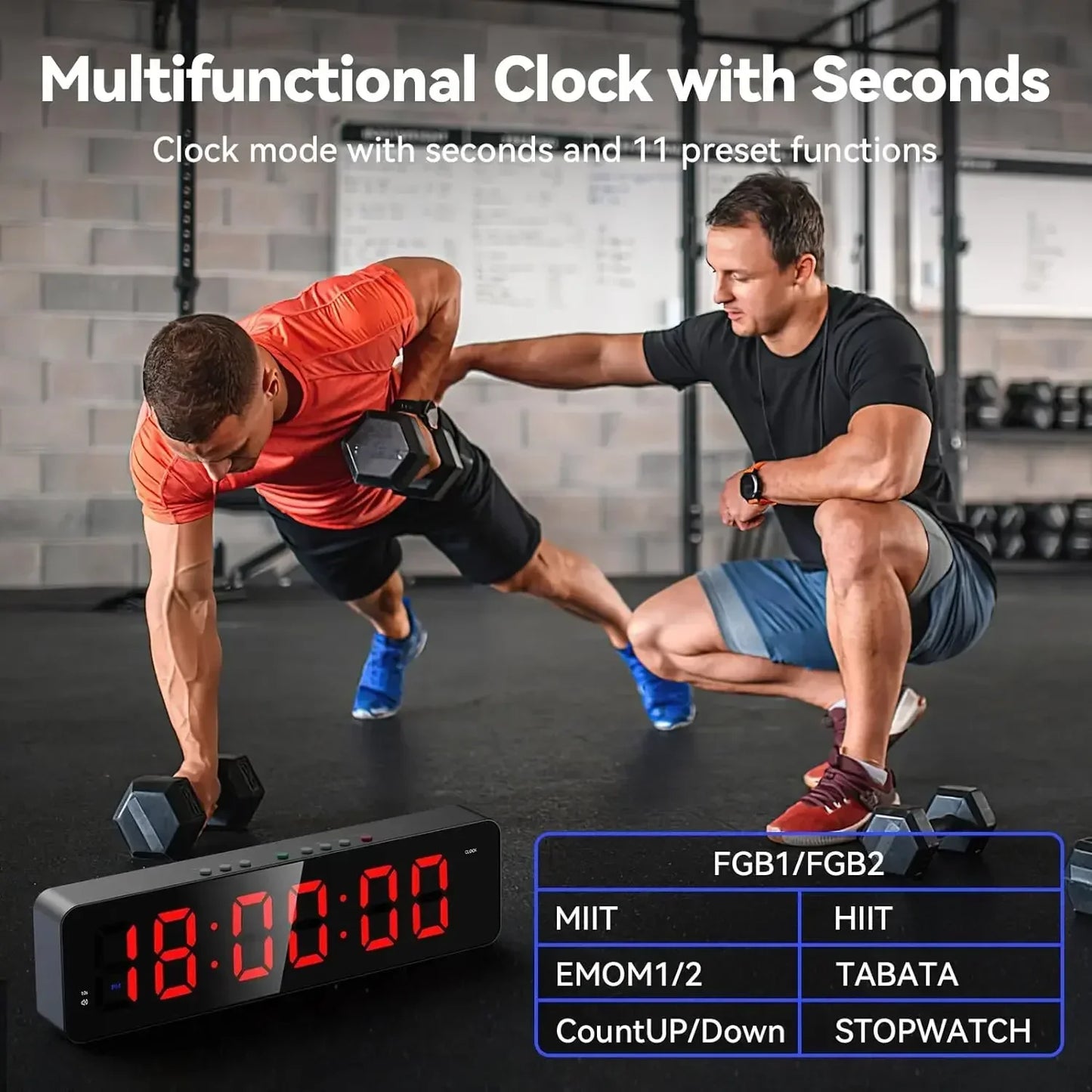 Gym Timer with Remote 12''x 3.5''Ultra-Clear Interval Timer with LED Countdown/Up Wall Clock Power Fitness Timer Stopwatch