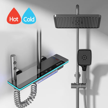 Bathroom Luxury Shower System with Lights Tempered Glass Piano Key Smart Digital Display Thermostat Mixer Shower Faucet Full Set
