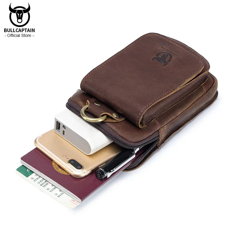 BULLCAPTAIN Fashion Quality Leather Small Summer Pouch Hook Design Waist Pack Bag Cigarette Case 6" Phone Pouch Waist Belt Bag