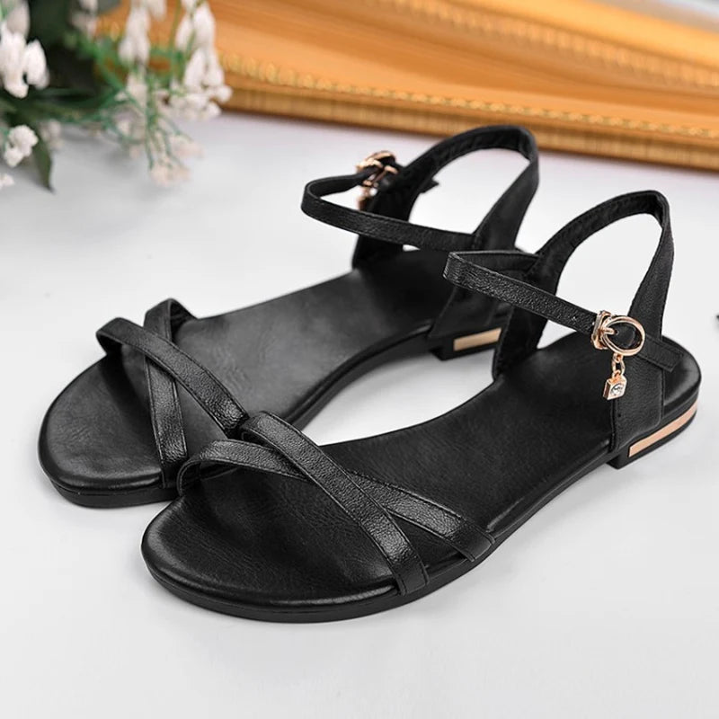 Comfortable Women's Summer Sandals Genuine Leather Flip Flops Casual Flats Sandal White Gold Black Ankle Strap Beach Shoes Girls