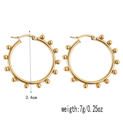 Women's Geometric Round Steel Ball Stainless Steel Hoop Earrings, Electroplated Gold Color Non Fading Earrings