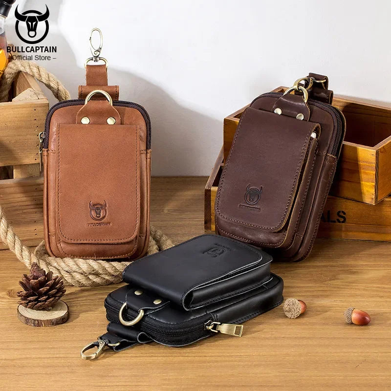 BULLCAPTAIN Fashion Quality Leather Small Summer Pouch Hook Design Waist Pack Bag Cigarette Case 6" Phone Pouch Waist Belt Bag