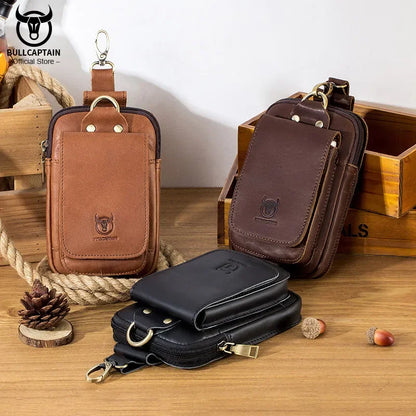 BULLCAPTAIN Fashion Quality Leather Small Summer Pouch Hook Design Waist Pack Bag Cigarette Case 6" Phone Pouch Waist Belt Bag