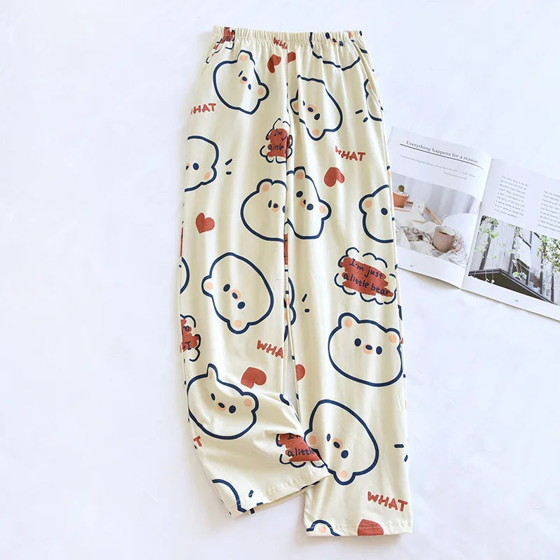 2025 Japanese New Women's Sleepwear 100% Cotton Knitted Soft Pants Cartoon Loose Pants Home Bottoms Womens Pajama Pants