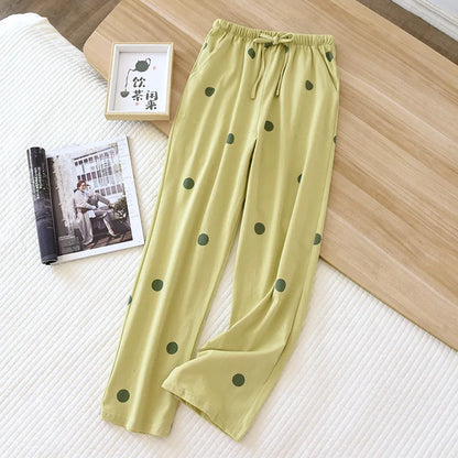 2025 New Spring/Summer Women's Sleeping Pants 100% Pure Cotton Knitted Love Pants Straight Leg Casual Home Pants Lounge Wear
