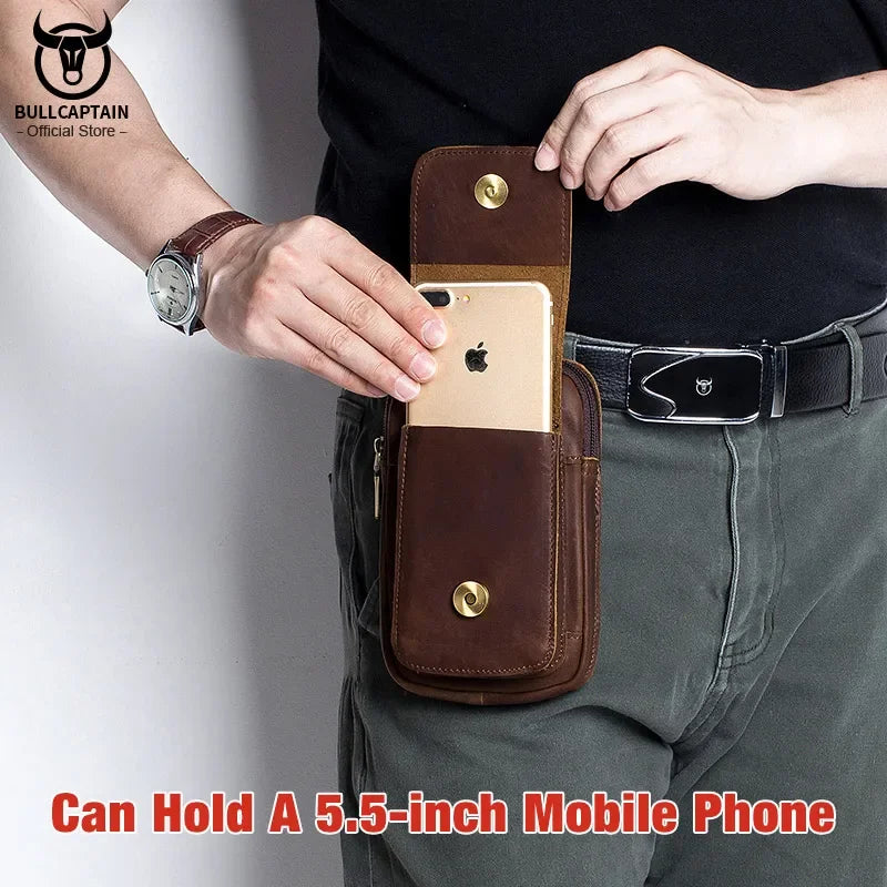 BULLCAPTAIN Fashion Quality Leather Small Summer Pouch Hook Design Waist Pack Bag Cigarette Case 6" Phone Pouch Waist Belt Bag