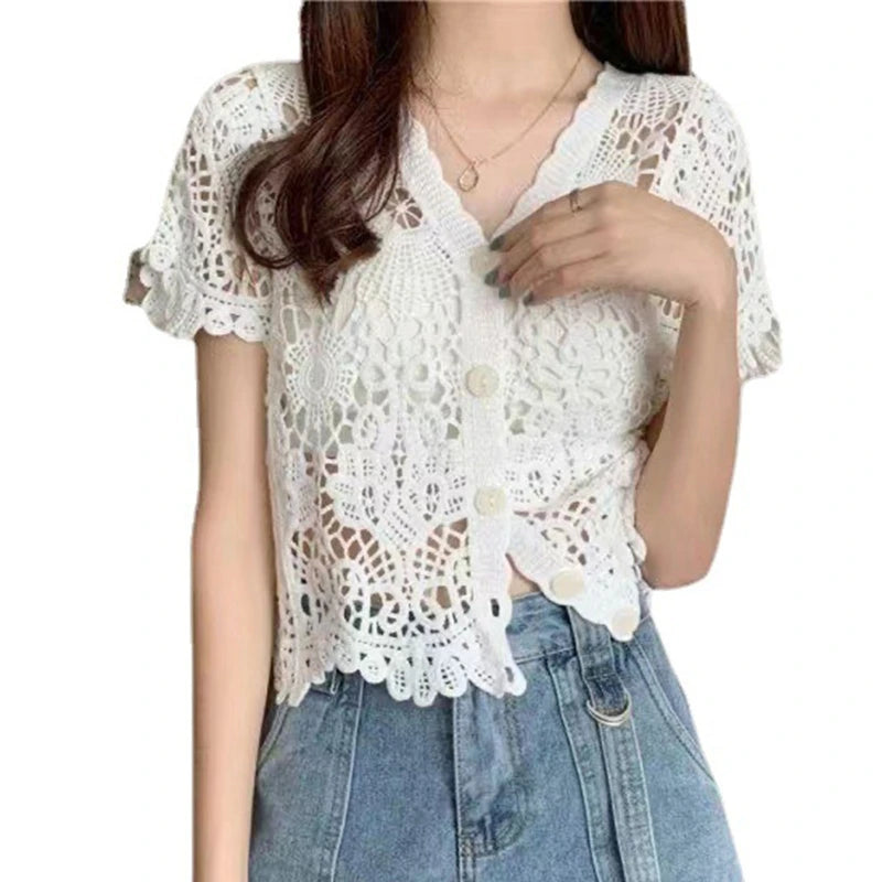 Women Short Sleeve Lace