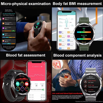 2025New Micro Physical Examination Blood Lipids Uric Acid Blood Pressure Smart Watch ECG+PPG Clock Bluetooth Call Smartwatch Men