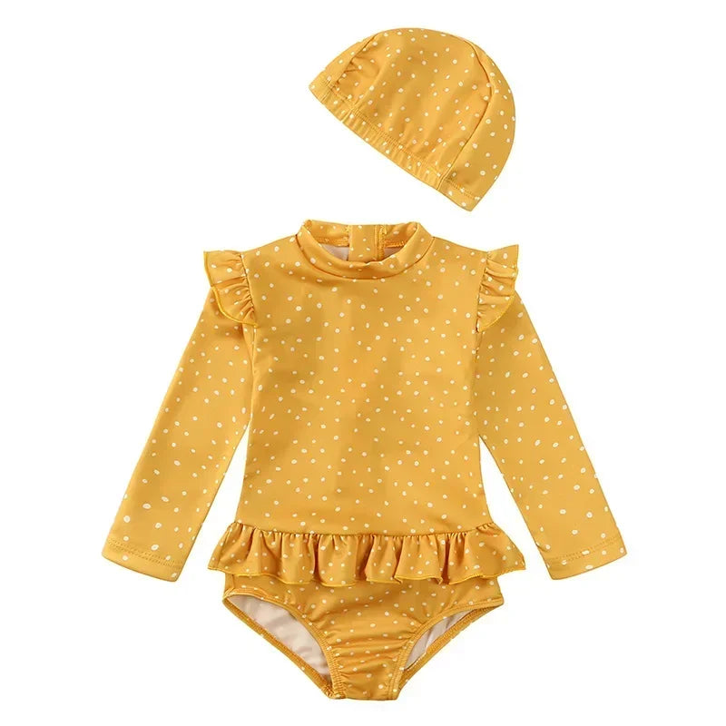 UV Baby Girl Swimsuit One Piece Swimming Jumpsuit Ruffles Bathing Suit SPF 50 Long Sleeve Kids Swimwear for Girls 1-7 Years