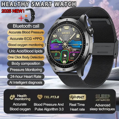 2025New Micro Physical Examination Blood Lipids Uric Acid Blood Pressure Smart Watch ECG+PPG Clock Bluetooth Call Smartwatch Men