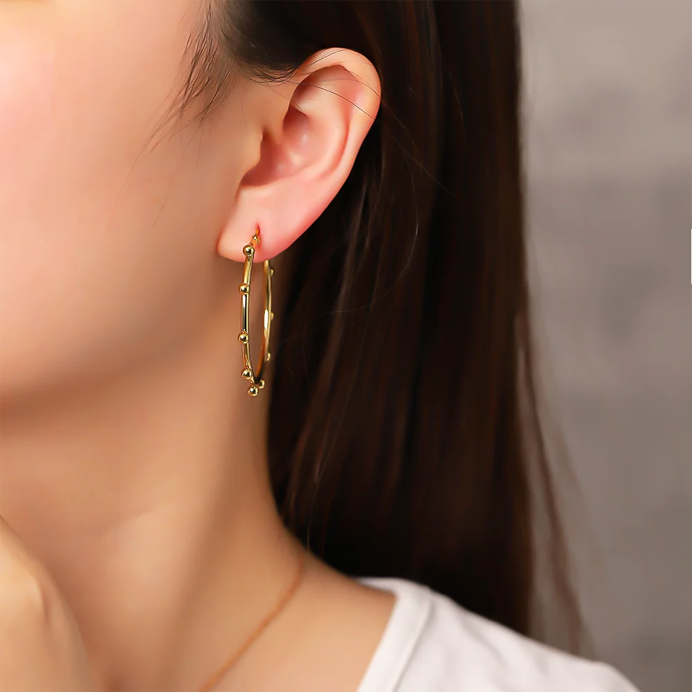Women's Geometric Round Steel Ball Stainless Steel Hoop Earrings, Electroplated Gold Color Non Fading Earrings