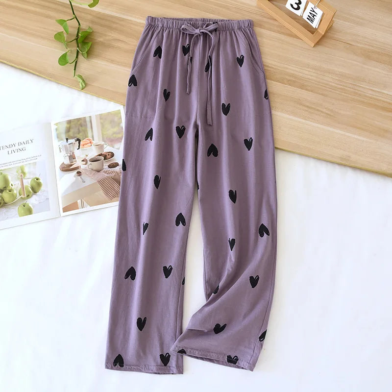 2025 New Spring/Summer Women's Sleeping Pants 100% Pure Cotton Knitted Love Pants Straight Leg Casual Home Pants Lounge Wear
