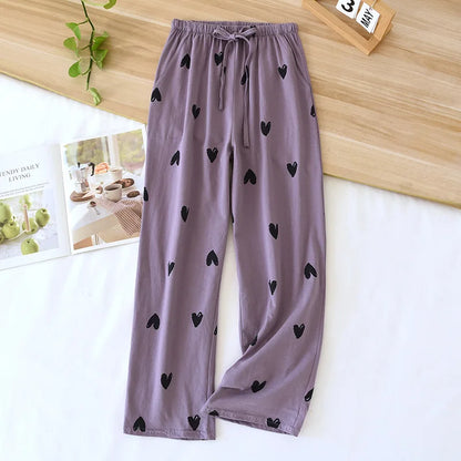 2025 New Spring/Summer Women's Sleeping Pants 100% Pure Cotton Knitted Love Pants Straight Leg Casual Home Pants Lounge Wear