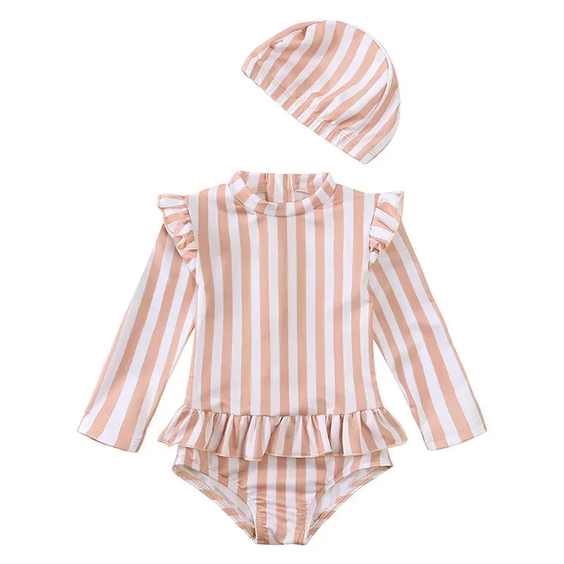 UV Baby Girl Swimsuit One Piece Swimming Jumpsuit Ruffles Bathing Suit SPF 50 Long Sleeve Kids Swimwear for Girls 1-7 Years