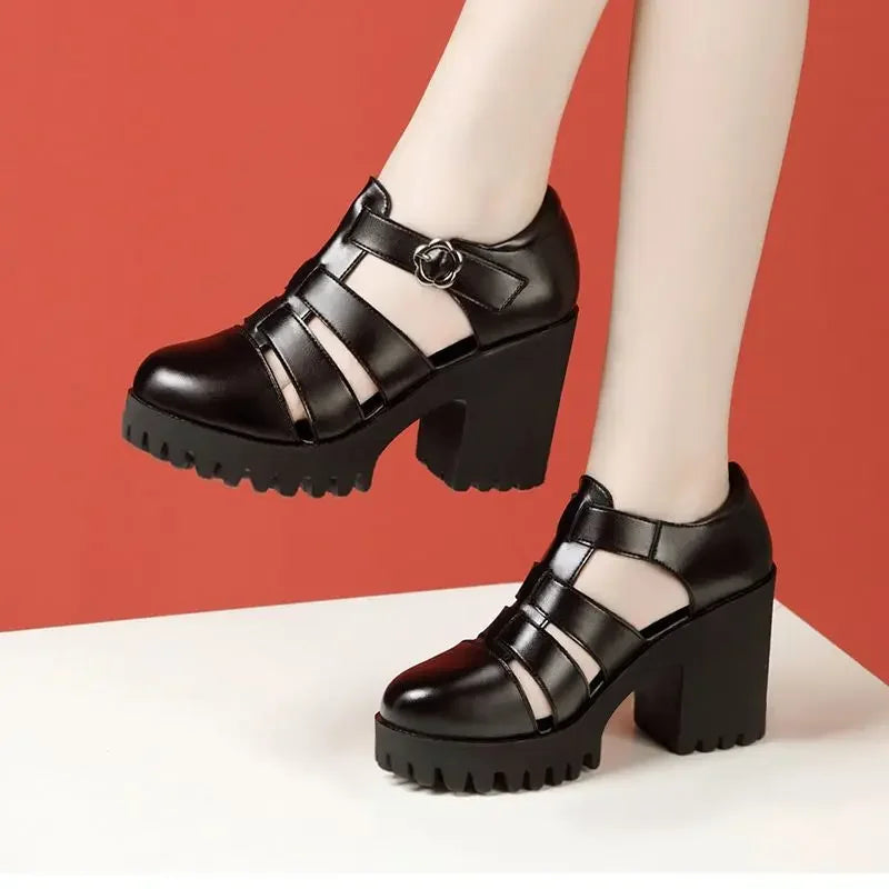 8cm 10cm Samll Size 32-43 Genuine Leather Shoes Chunky Platform Sandals 2025 Block High Heels Sandals Black Office Model Mom