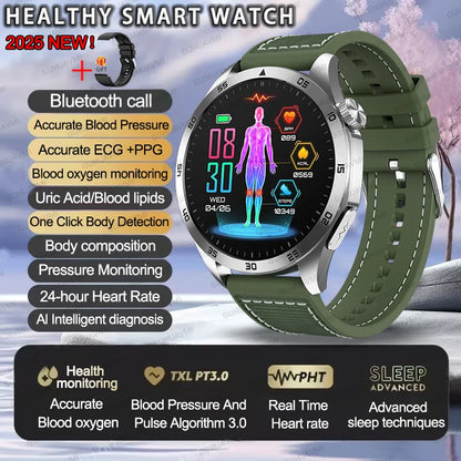 2025New Micro Physical Examination Blood Lipids Uric Acid Blood Pressure Smart Watch ECG+PPG Clock Bluetooth Call Smartwatch Men