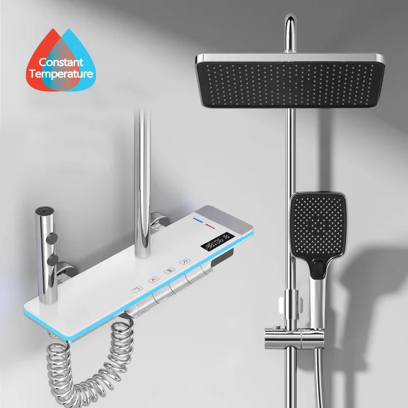 Bathroom Luxury Shower System with Lights Tempered Glass Piano Key Smart Digital Display Thermostat Mixer Shower Faucet Full Set