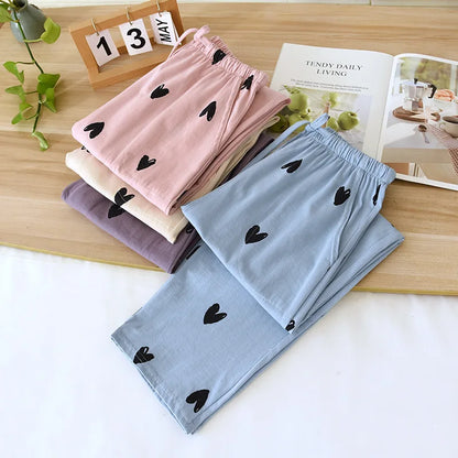2025 New Spring/Summer Women's Sleeping Pants 100% Pure Cotton Knitted Love Pants Straight Leg Casual Home Pants Lounge Wear