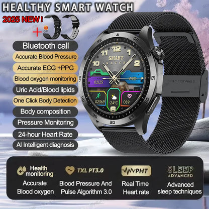 2025New Micro Physical Examination Blood Lipids Uric Acid Blood Pressure Smart Watch ECG+PPG Clock Bluetooth Call Smartwatch Men