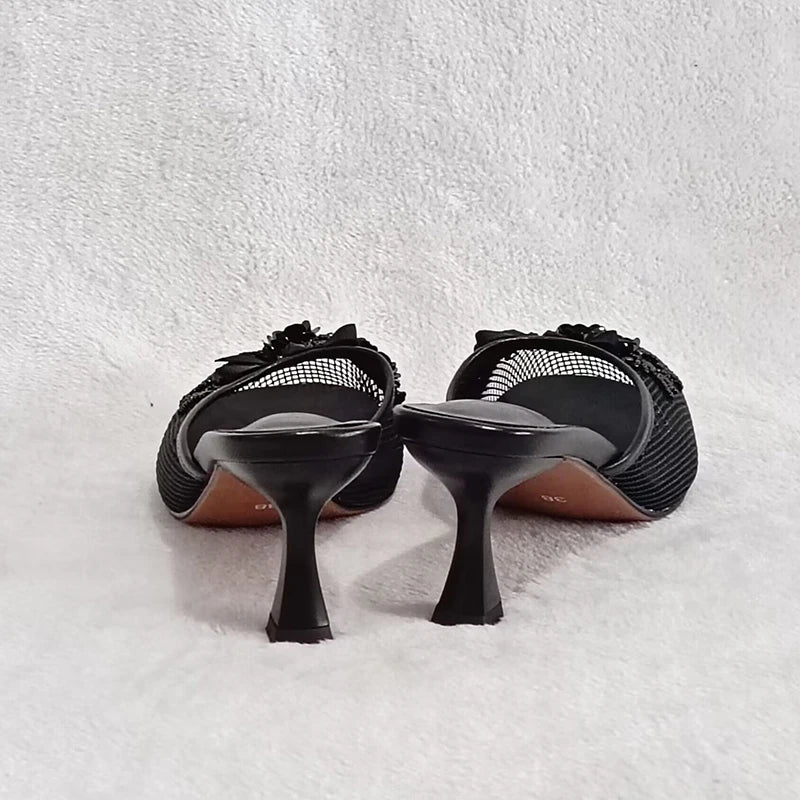 Summer mesh flower beads women slides sexy thin heel sandals