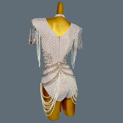 White Beaded Pearls Leotard Women Birthday Party Bodysuits Nightclub Singer Dancer Performance Drag Queen Stage Wear Xiangya
